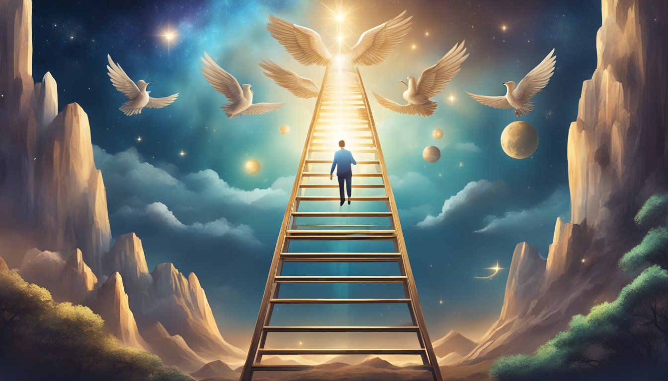 The impact of Angel Numbers 811 on a career, symbolizing growth and progress, with a ladder ascending towards success amidst a backdrop of celestial symbols
