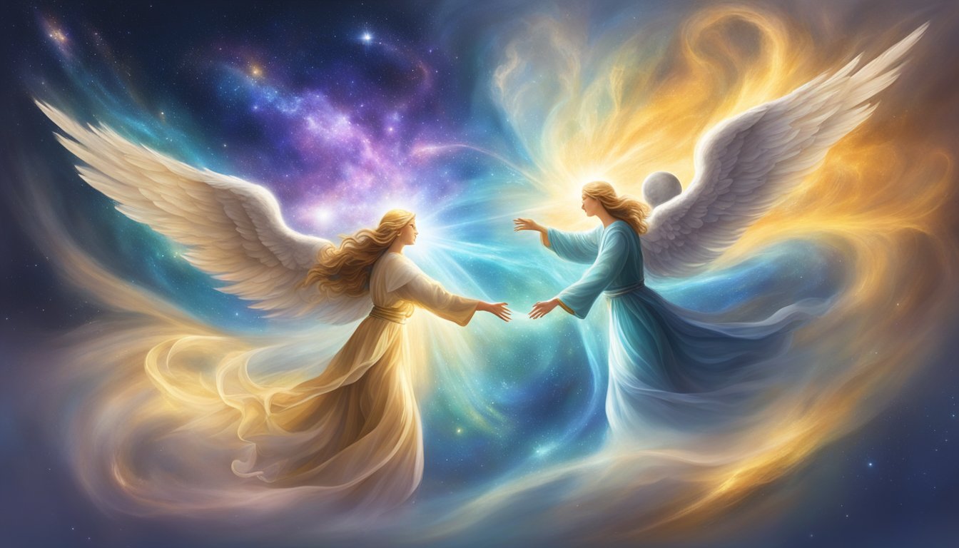 Angels and universe influencing each other, creating a cosmic dance of energy and light