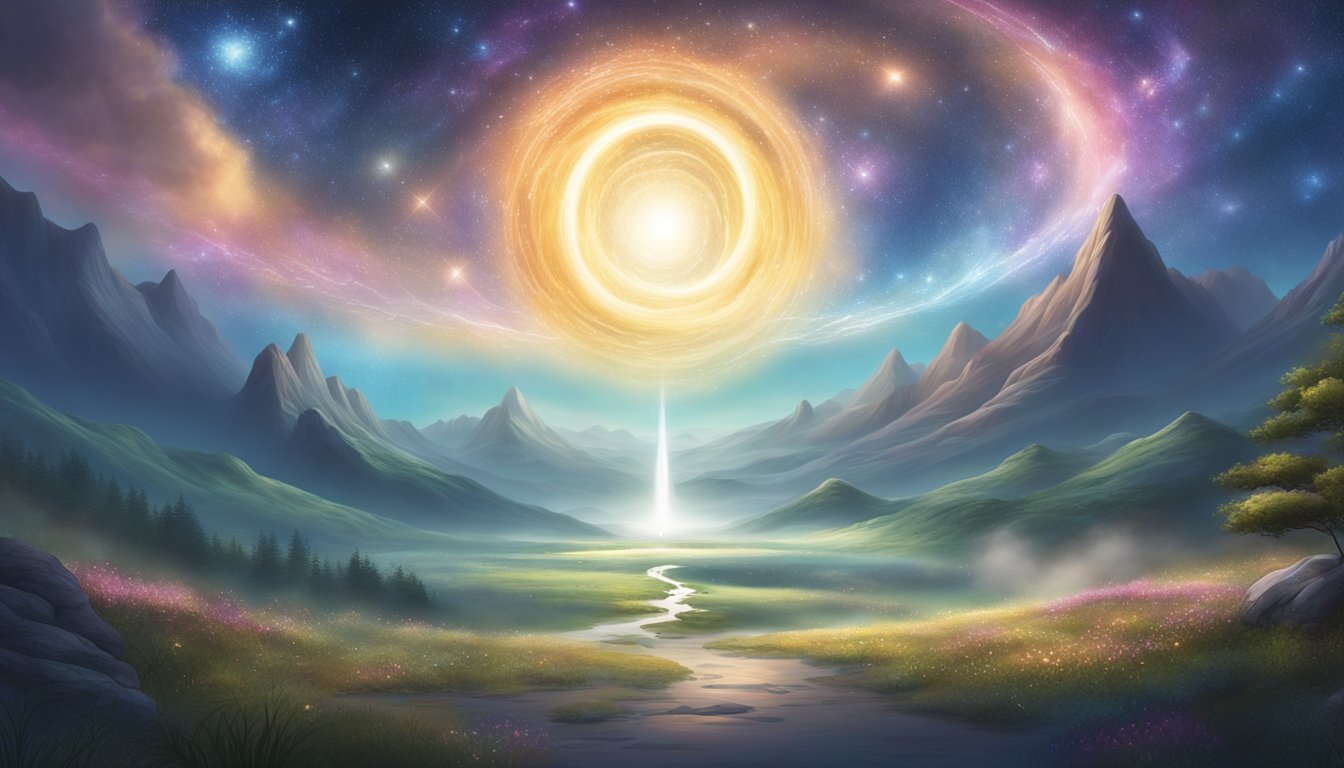 A serene, ethereal landscape with swirling galaxies, sacred symbols, and radiant light emanating from a central source