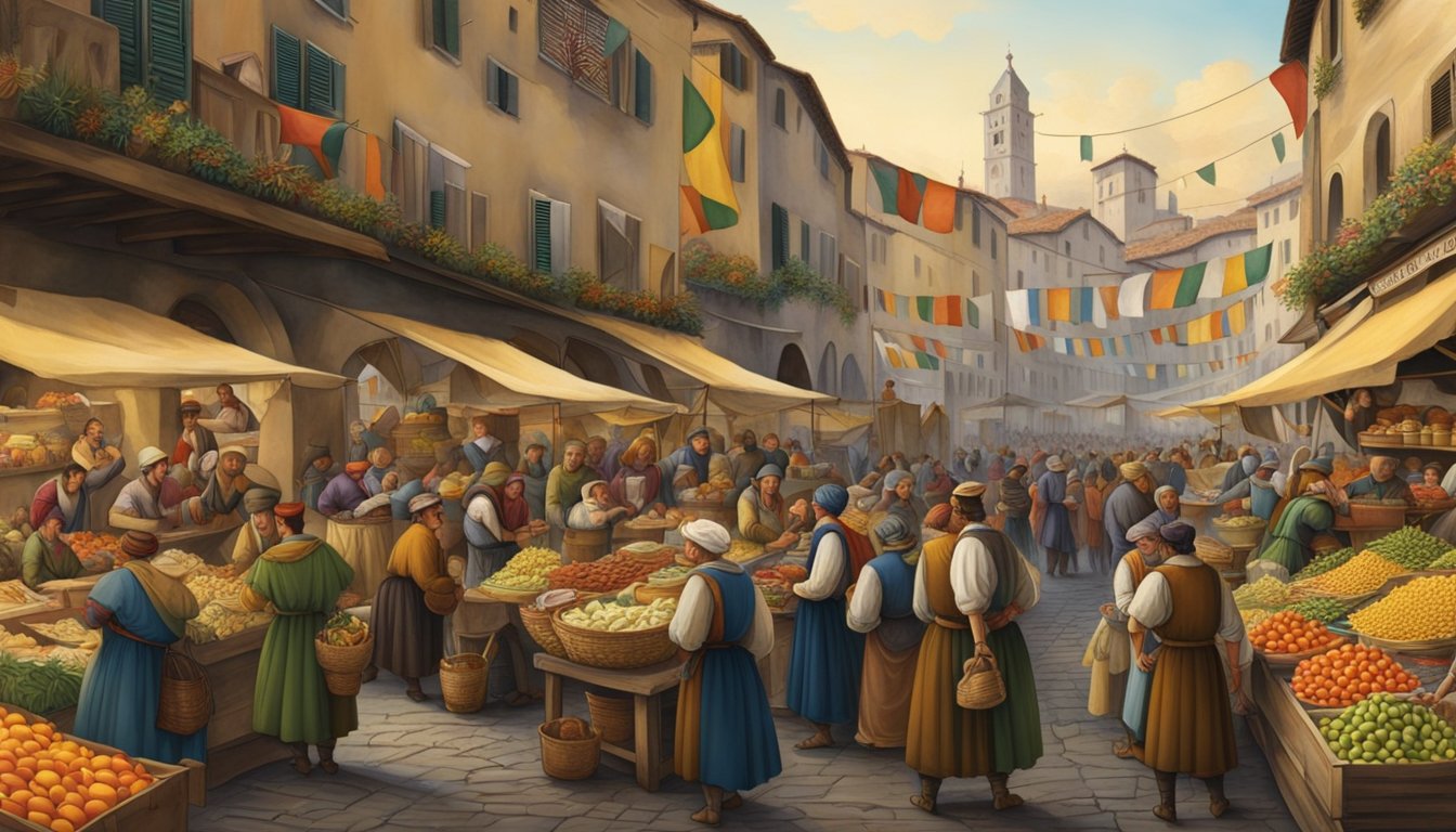 A bustling Italian market in 1515, with merchants selling goods and customers haggling over prices.</p><p>Colorful banners and flags adorn the marketplace