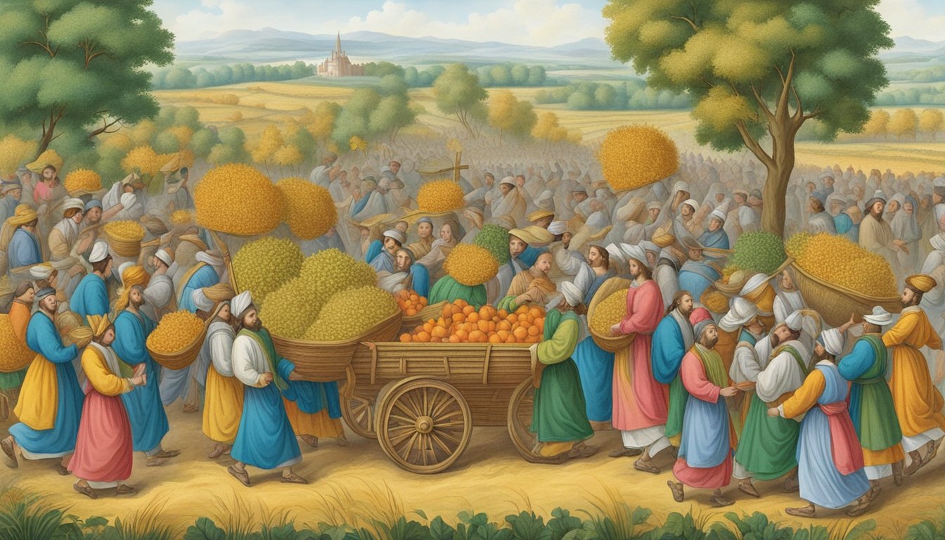 A vibrant procession with overflowing harvest symbolizing abundance and prosperity in the year 1616