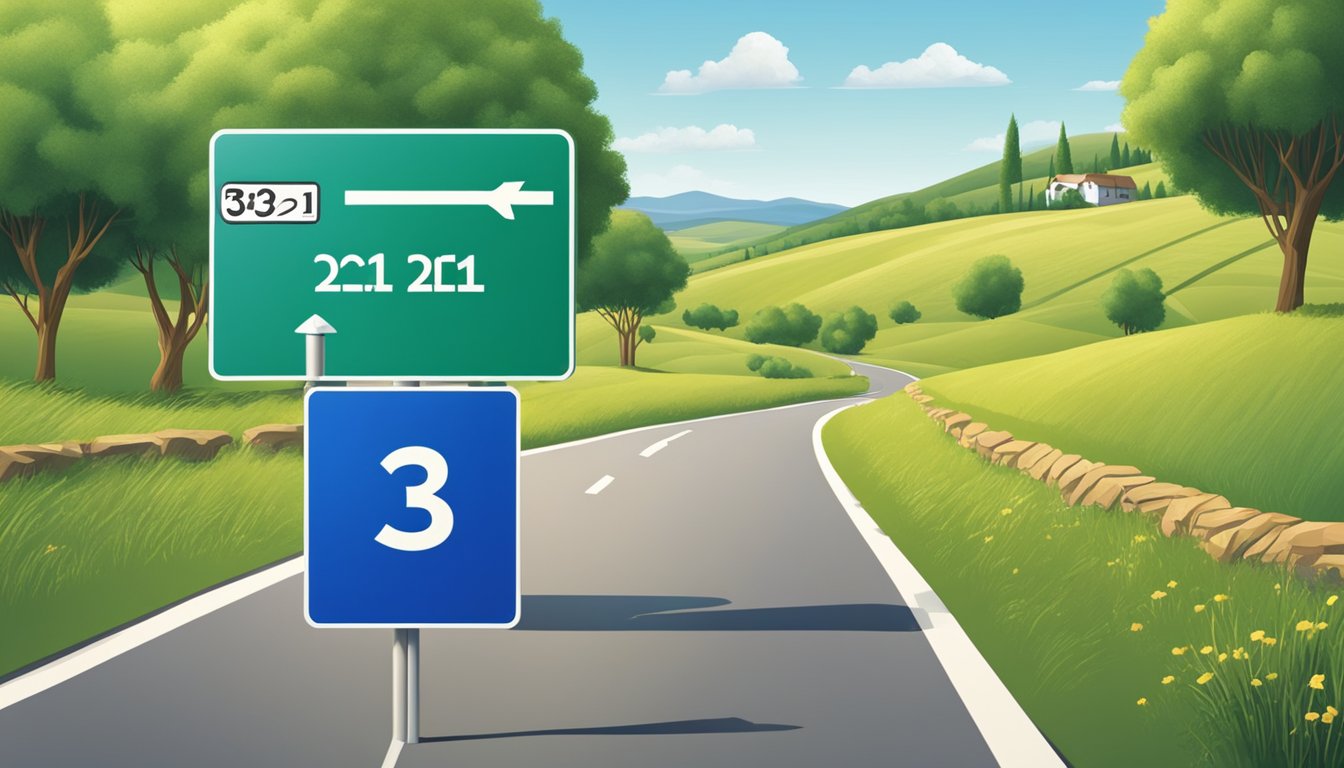 A road sign reading "321 e Sviluppo Personale 321" in a scenic countryside setting with rolling hills and a clear blue sky