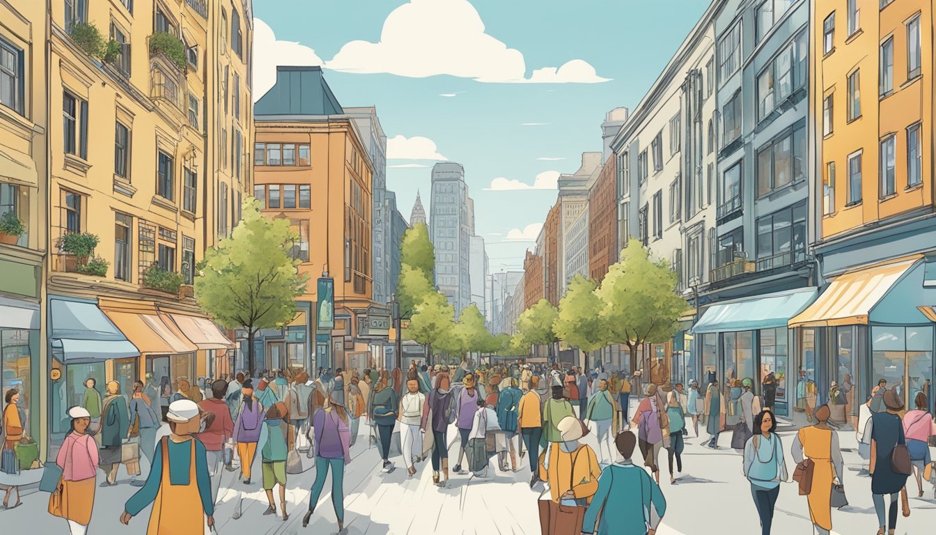 A bustling city street with people going about their daily activities, including walking, talking, and commuting.</p><p>Buildings line the street, with shops and cafes bustling with activity