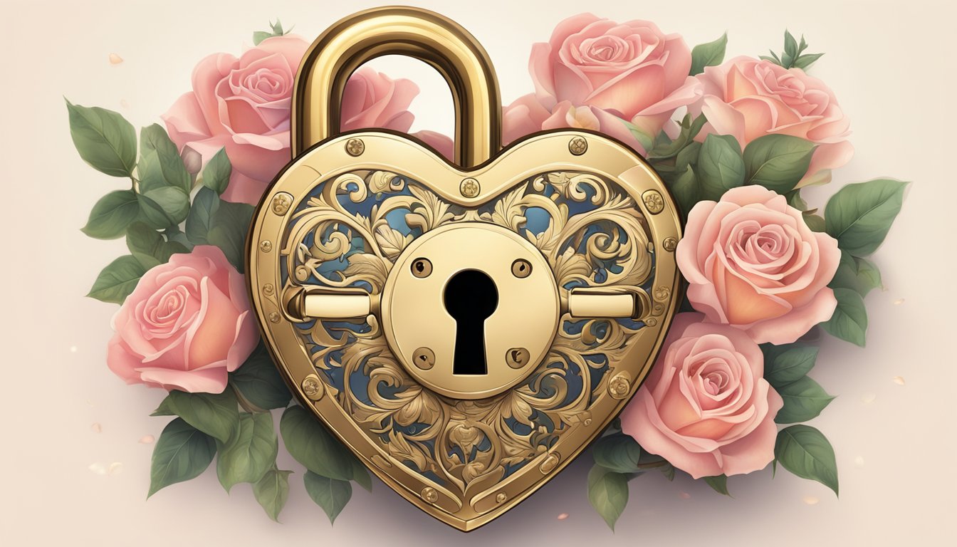 A heart-shaped lock with "727 e Amore 727" engraved on it, surrounded by roses and a radiant glow