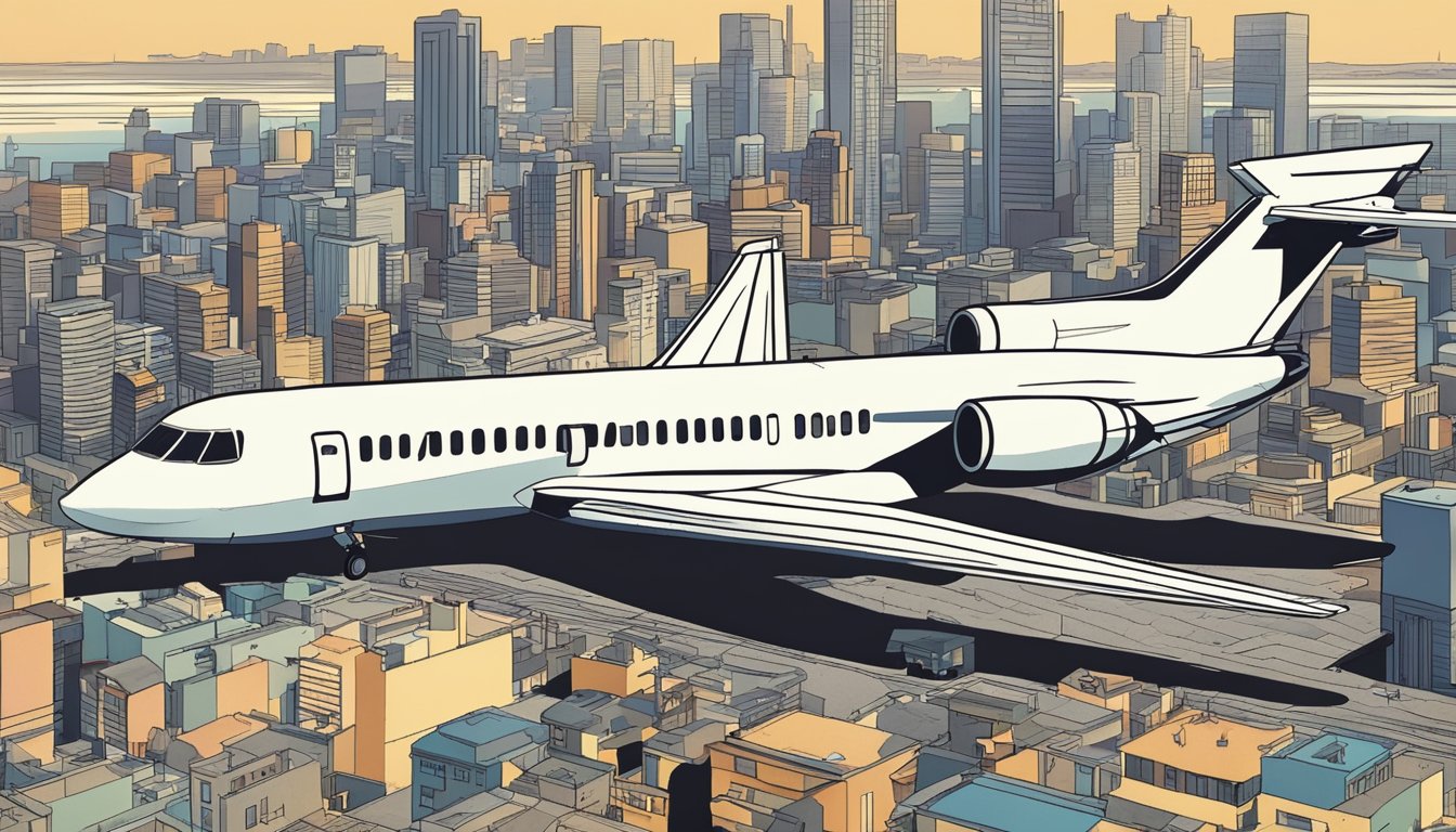 A 727 jet flying over a bustling city, with people going about their daily activities below.</p><p>The plane's shadow casts a dramatic silhouette on the ground