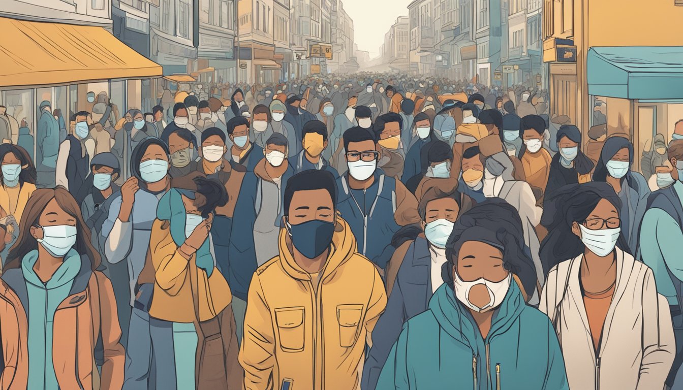 A crowded city street with people wearing masks, sneezing, and coughing.</p><p>A sense of unease and caution is palpable in the air