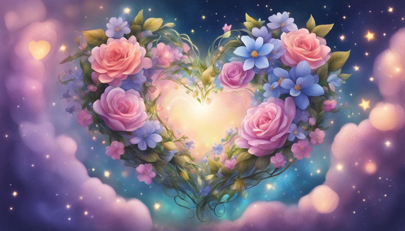 Two hearts intertwined, surrounded by blooming flowers and sparkling stars, symbolizing the deep connection and meaning of love and relationships