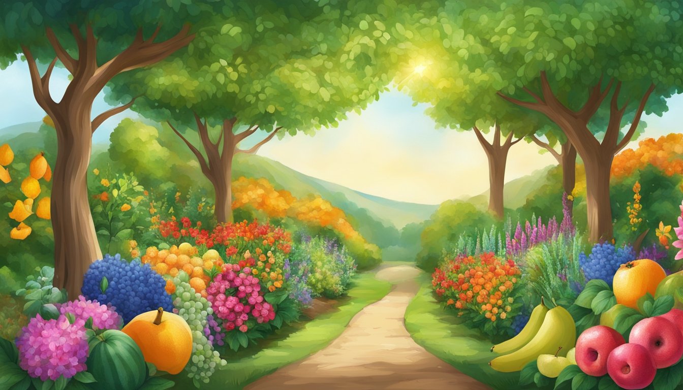 A bountiful garden with vibrant flowers and abundant fruits, symbolizing Manifestation and Prosperity 511