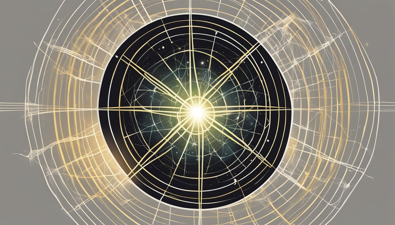 A glowing orb hovers above a web of interconnected lines and symbols, radiating a sense of spiritual connection and meaning