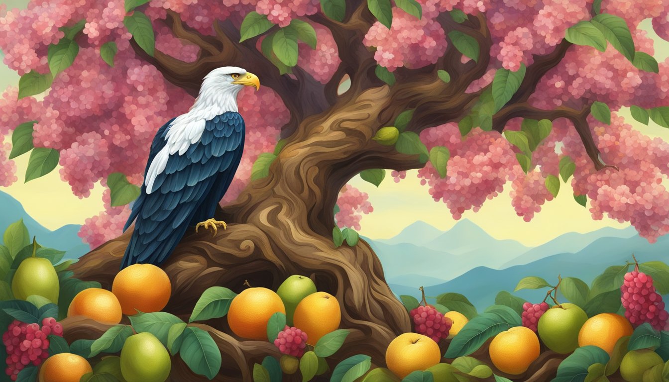 A flourishing tree with abundant fruits and a soaring eagle symbolizing prosperity and success