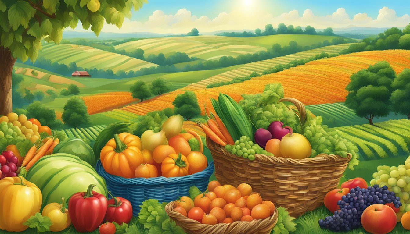 A bountiful harvest scene with overflowing baskets of fruits and vegetables, surrounded by lush green fields and a clear blue sky