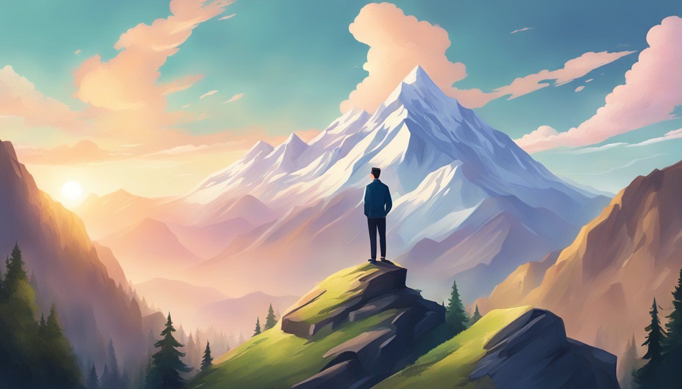 A person standing confidently on top of a mountain, surrounded by a beautiful and serene landscape, symbolizing personal growth and self-esteem