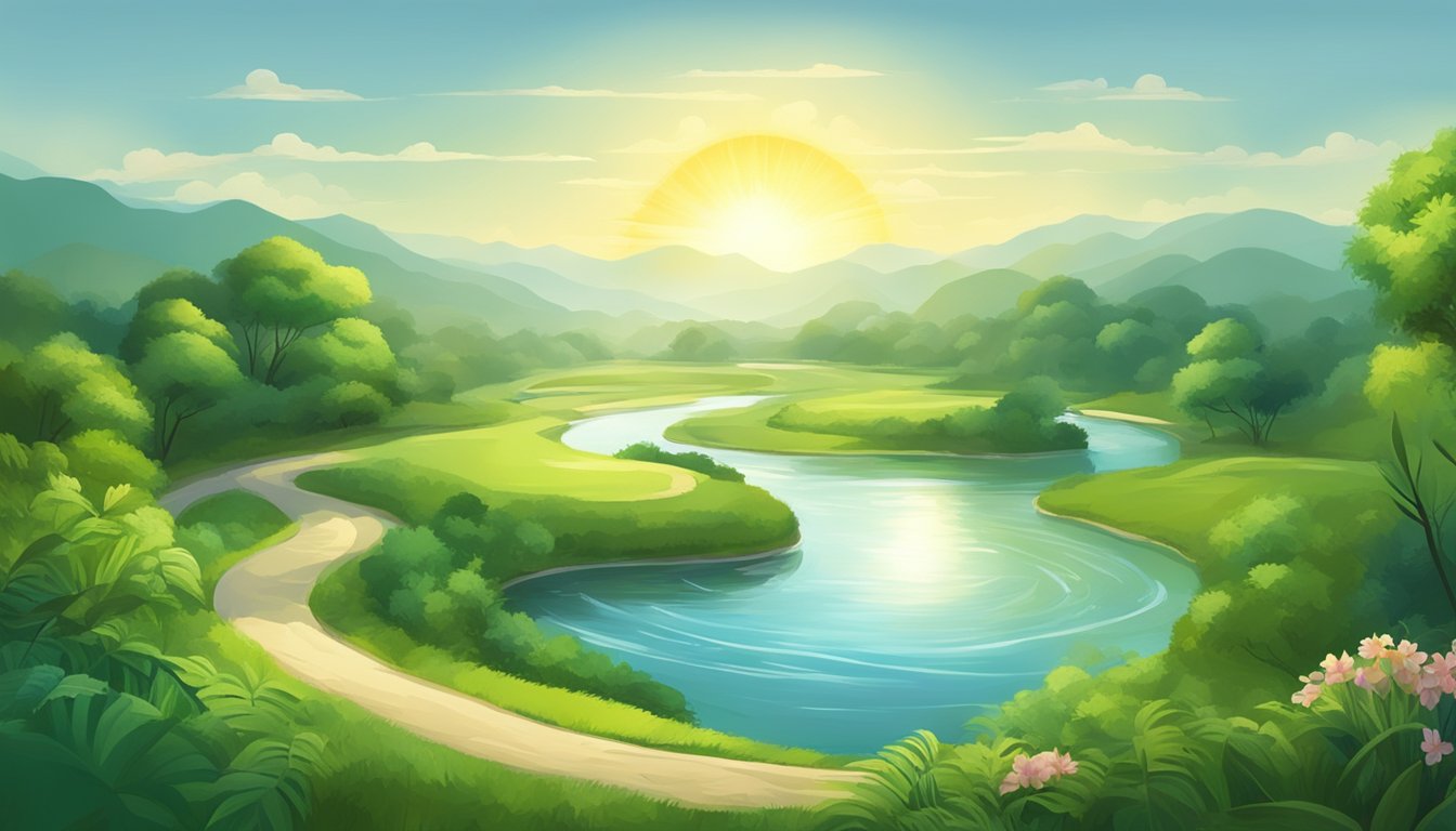A serene landscape with a winding river, lush greenery, and a radiant sun, symbolizing spiritual practices and the significance of 2727