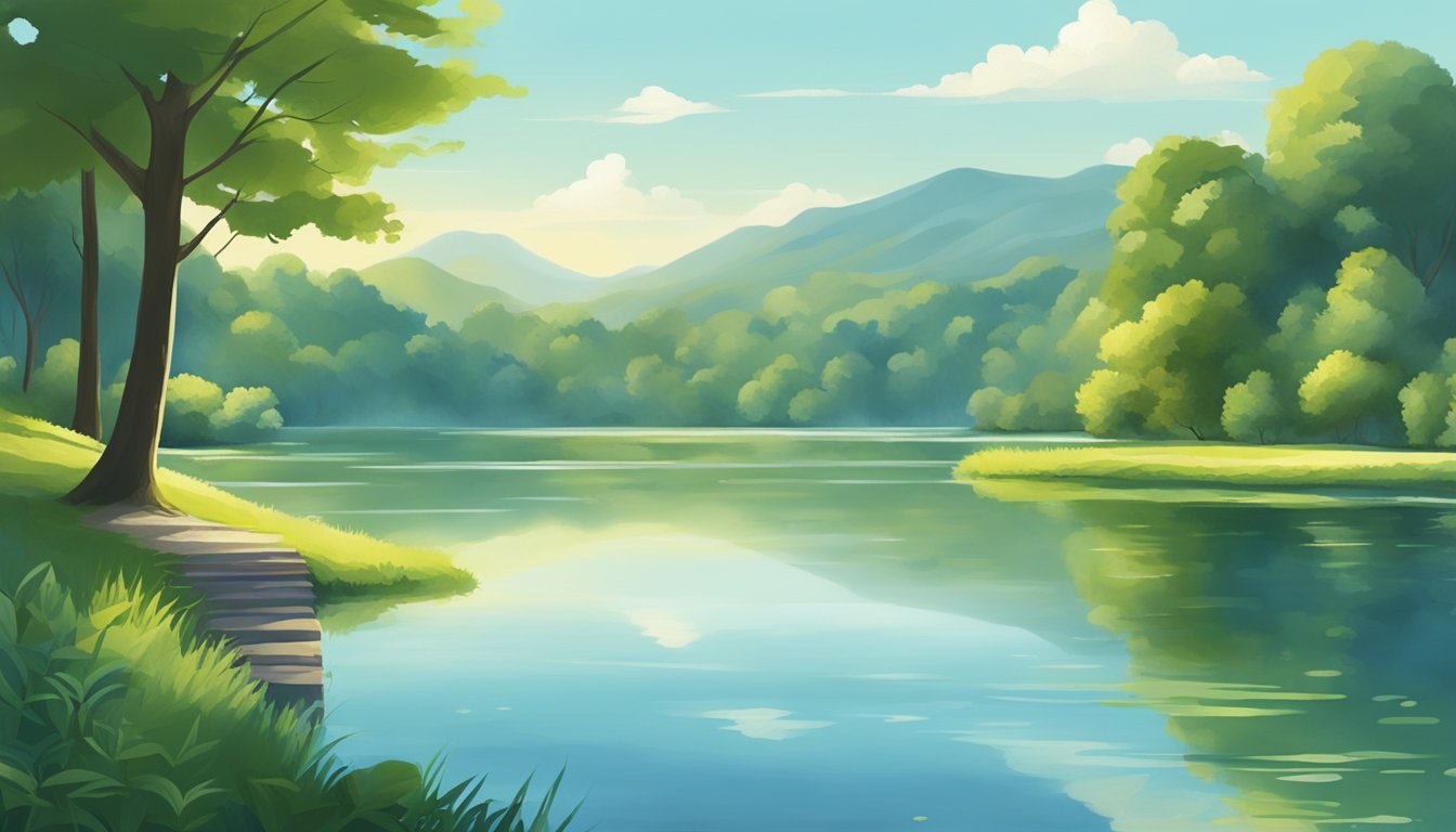 A serene landscape with a tranquil lake, lush greenery, and a clear blue sky, evoking a sense of peace and personal well-being