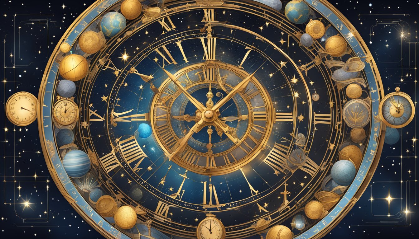 A celestial clock showing 11:11, with zodiac symbols and constellations surrounding it, representing the astronomical and astrological aspects of the number's significance