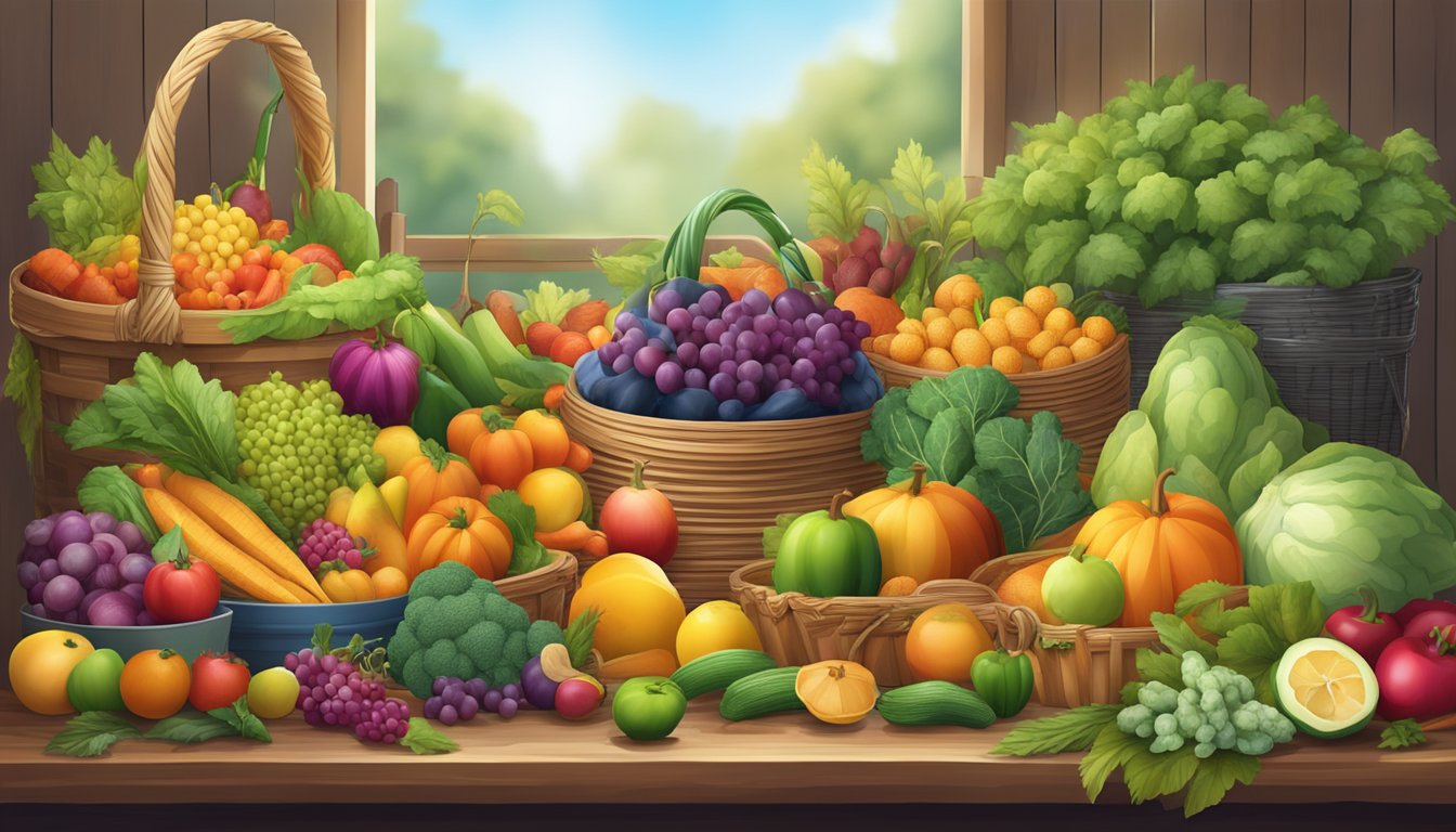 A table overflowing with colorful fruits and vegetables, surrounded by overflowing baskets and crates, symbolizing abundance and opportunity
