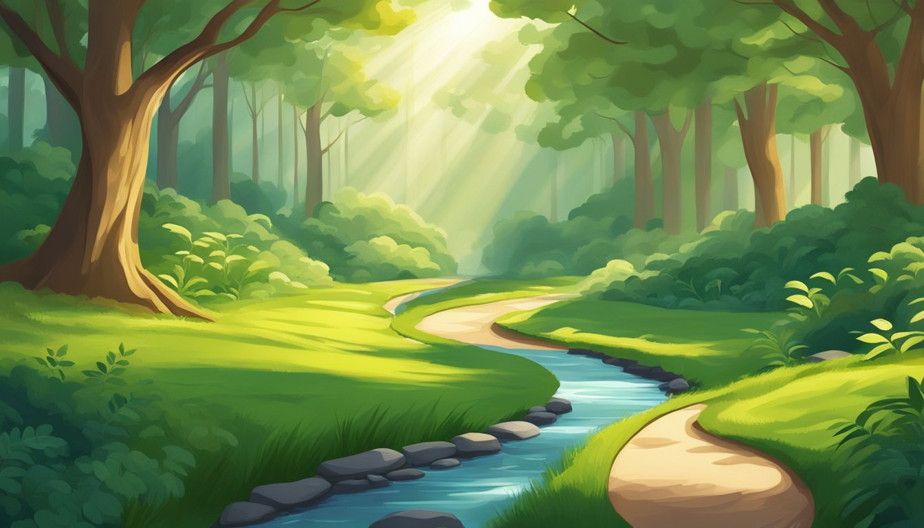 A winding path leads through a lush forest, with sunlight streaming through the trees.</p><p>A small stream runs alongside, symbolizing growth and personal development