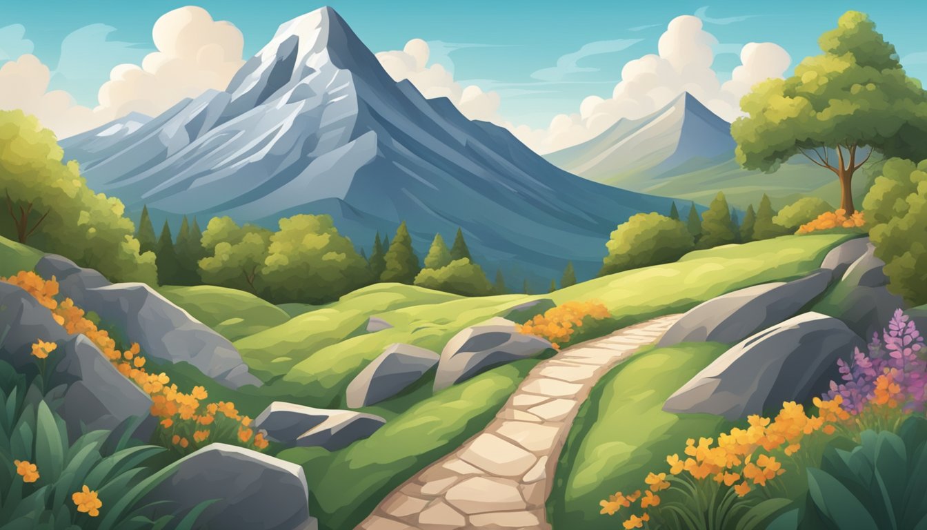 A winding path leads to a mountain peak, symbolizing personal and professional growth.</p><p>The number 424 is carved into a rock, representing significance