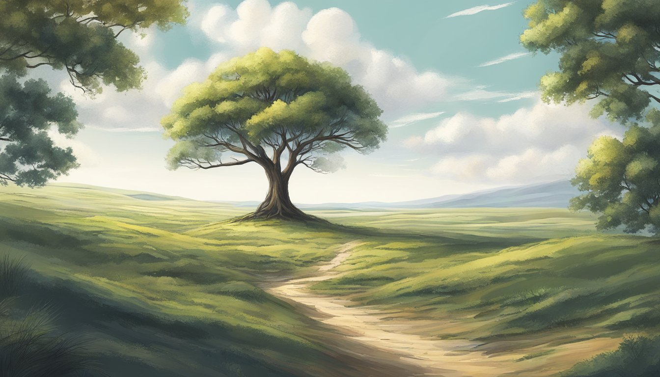 A lone tree stands tall, its branches reaching towards the sky.</p><p>Surrounding it, a vast expanse of open space symbolizes growth and independence