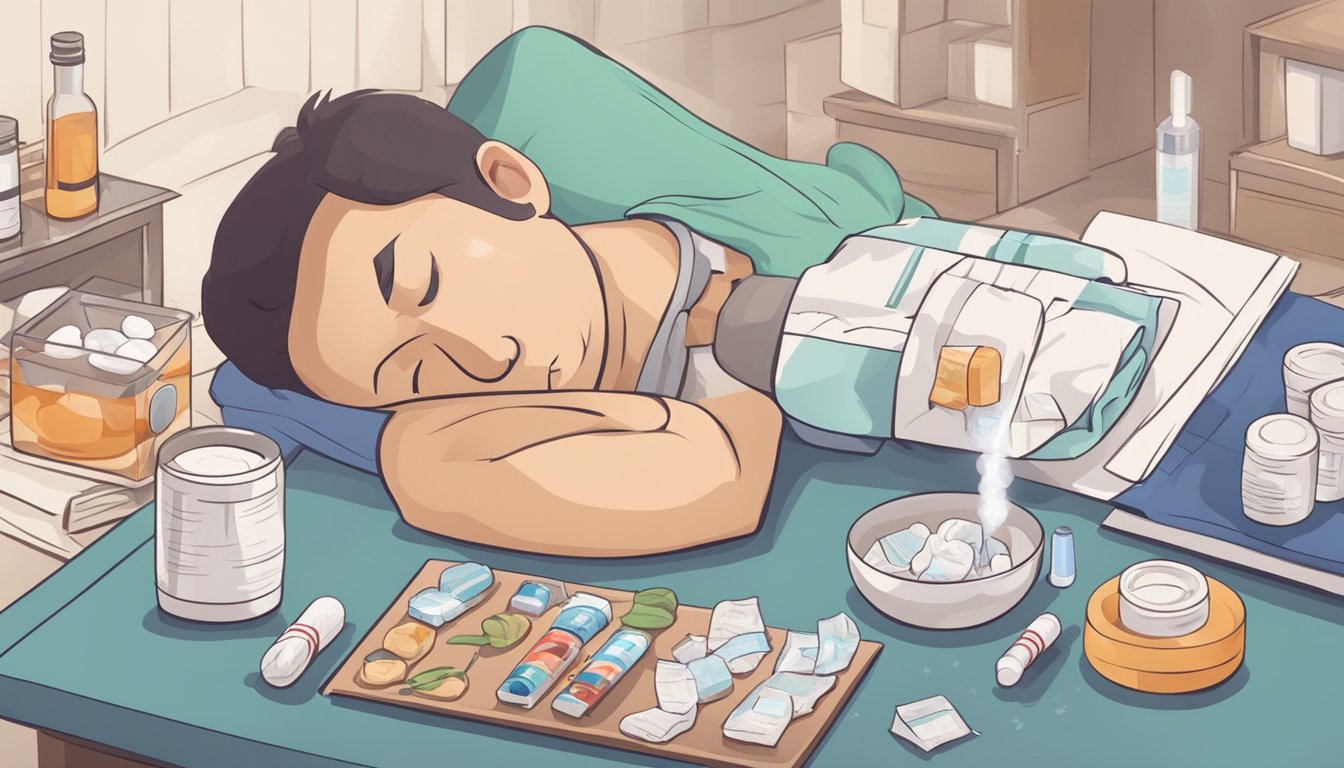 A person feeling unwell due to influenza, surrounded by tissues and medicine, with a thermometer showing a high temperature