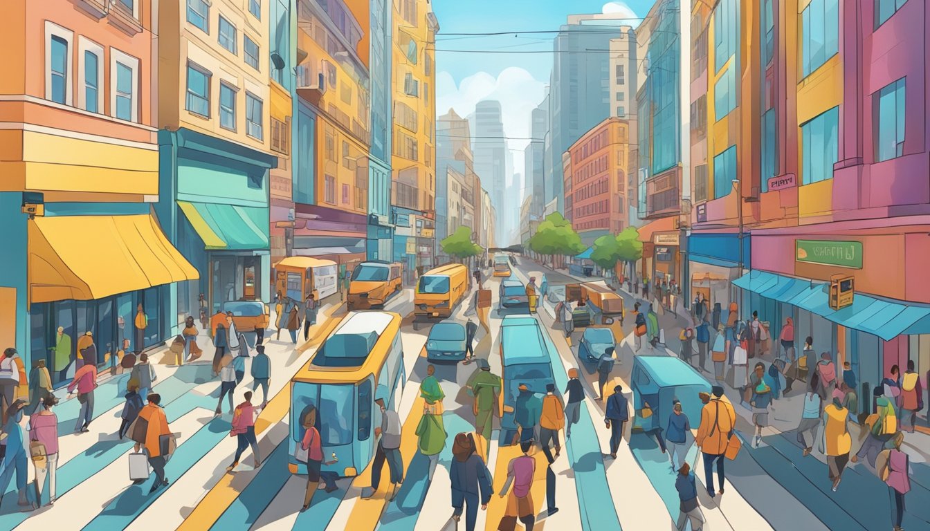 A busy city street with people going about their daily activities, such as walking, shopping, and commuting.</p><p>The scene is vibrant and full of energy, with various buildings and vehicles in the background