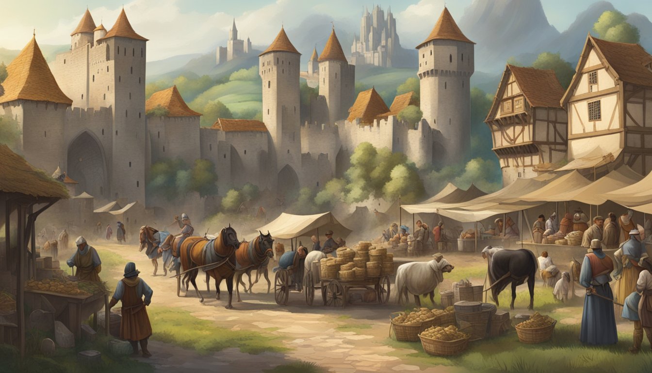 A bustling medieval town with people trading goods, tending to livestock, and working in fields under the shadow of a towering castle
