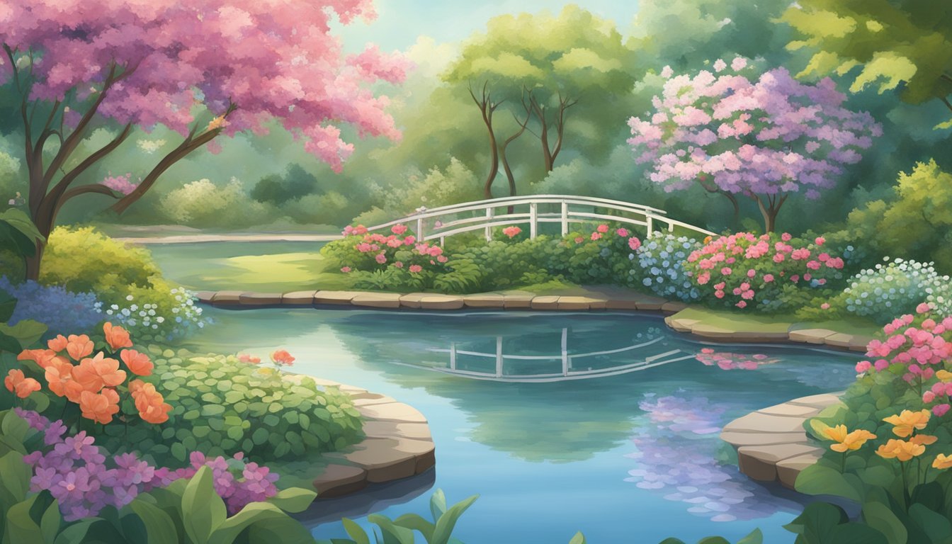 A serene garden with intertwining vines, blooming flowers, and a peaceful pond reflecting the surrounding beauty