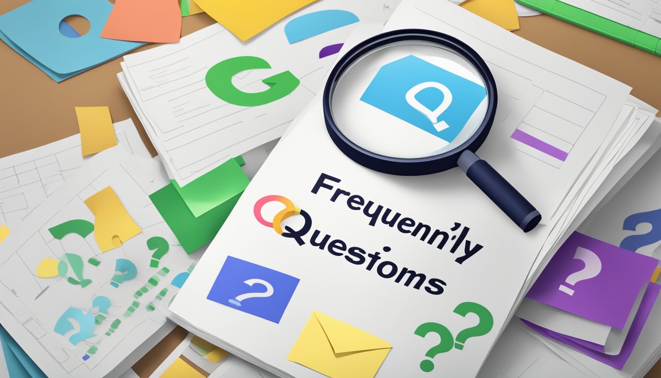 A stack of paper with "Frequently Asked Questions 232" printed on top, surrounded by question marks and a magnifying glass