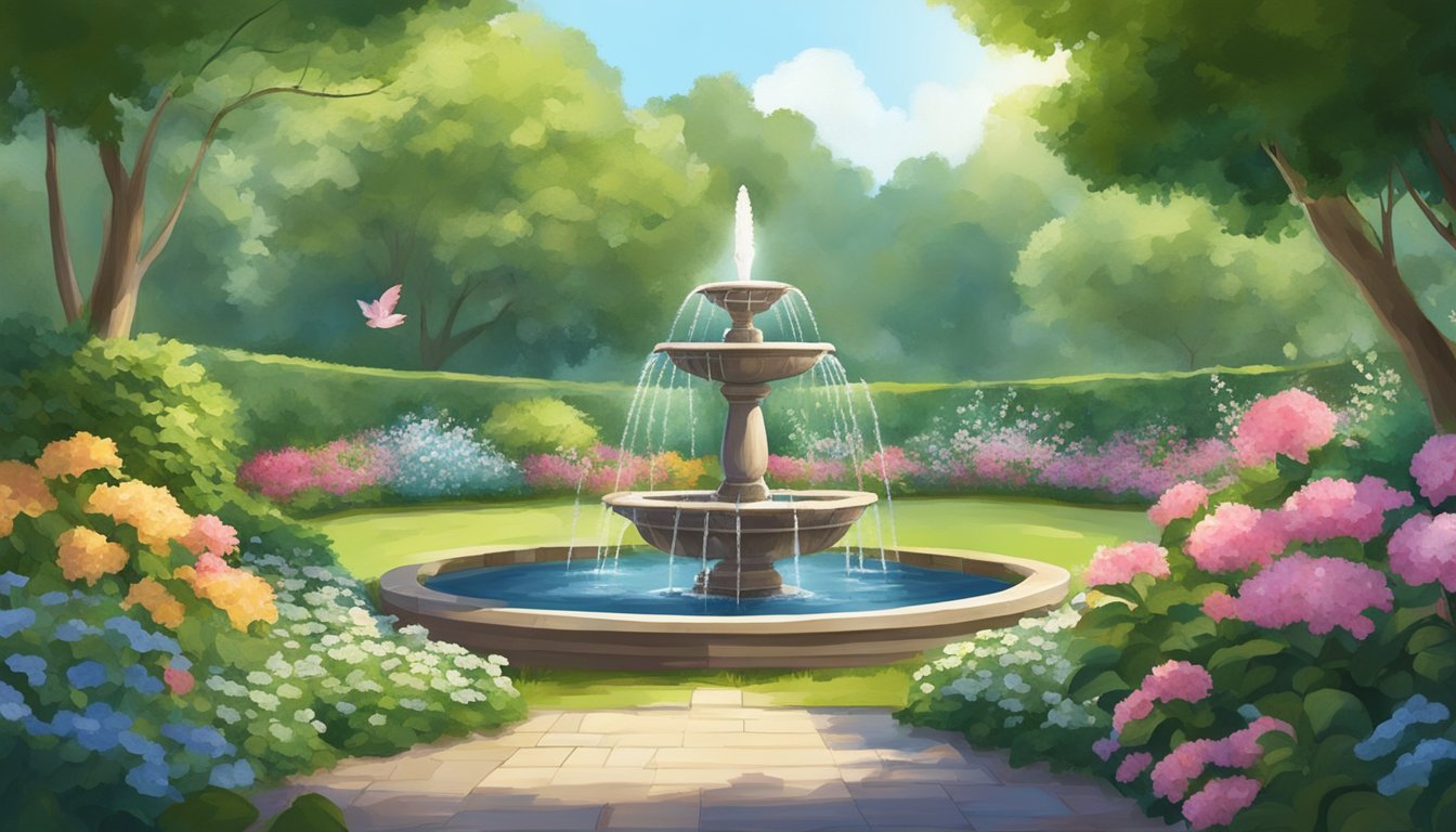 A serene garden with a fountain, surrounded by blooming flowers and lush greenery, with a gentle breeze carrying the sound of birds singing
