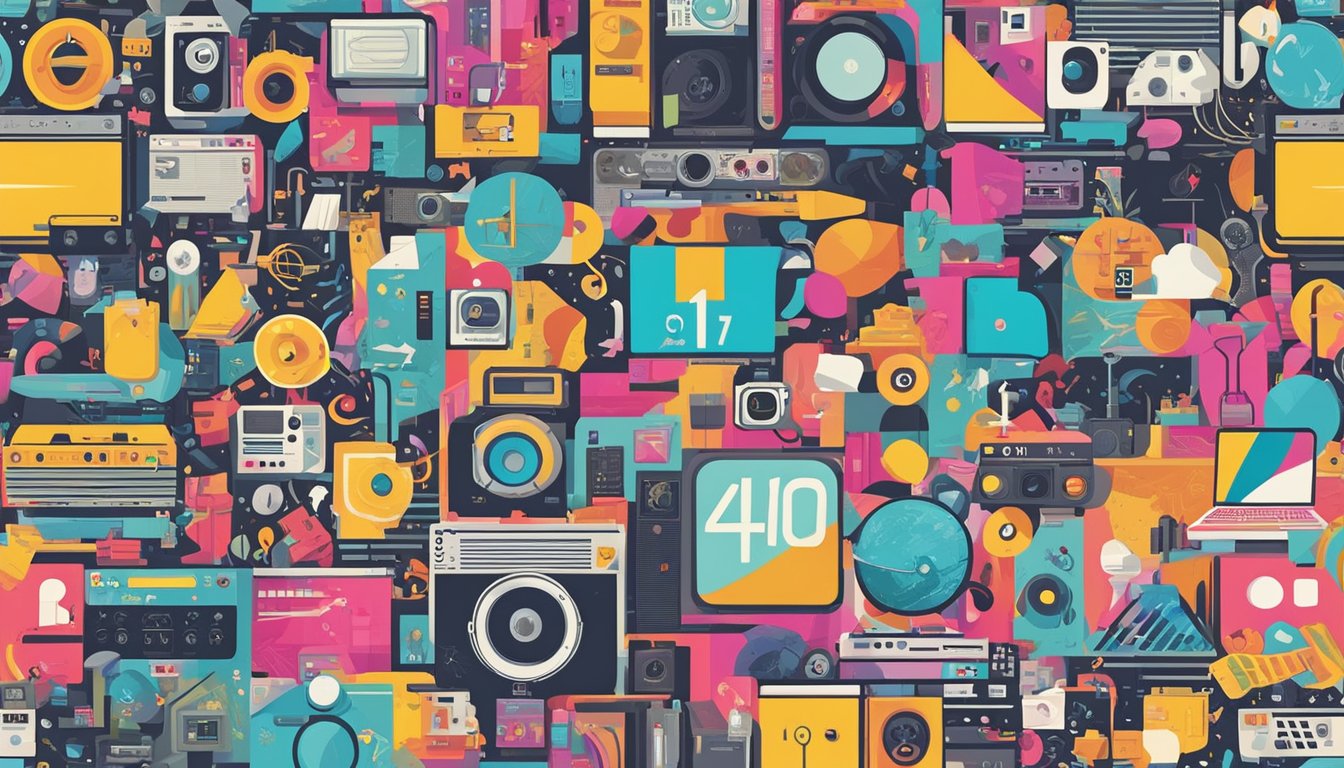 A colorful collage of iconic pop culture symbols and media references, including music, film, and technology, creating a vibrant and dynamic visual representation of the significance of "140" in popular culture