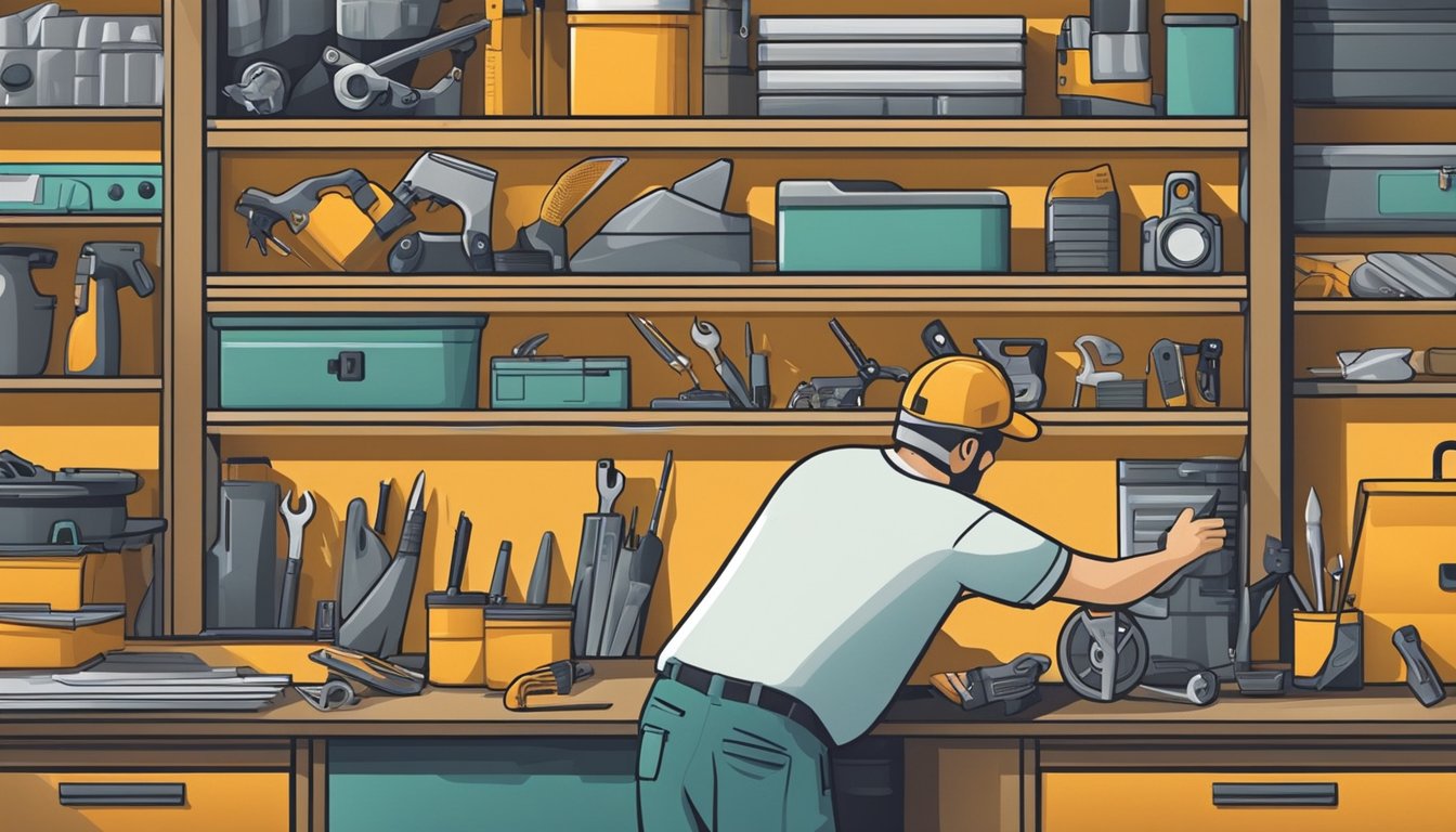 A hand reaching for a toolbox on a shelf, surrounded by various tools and equipment