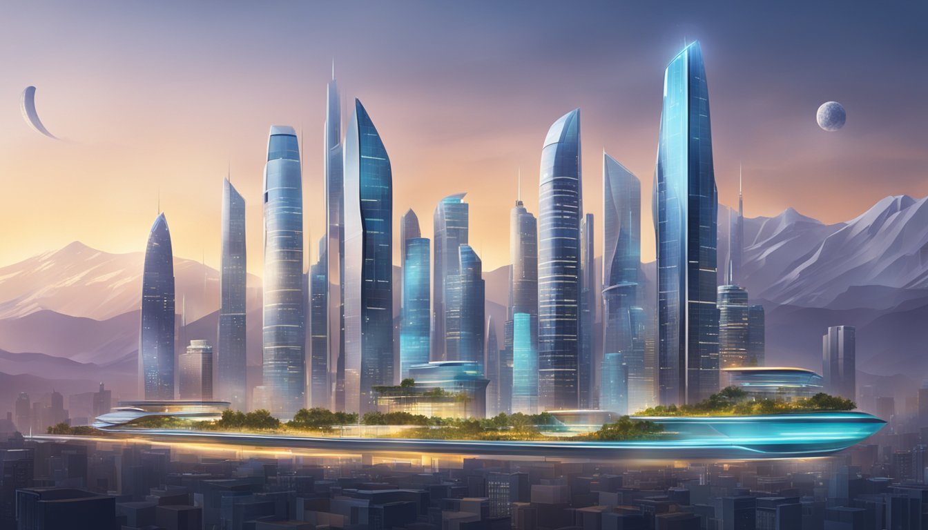A modern city skyline with futuristic buildings and advanced technology in use
