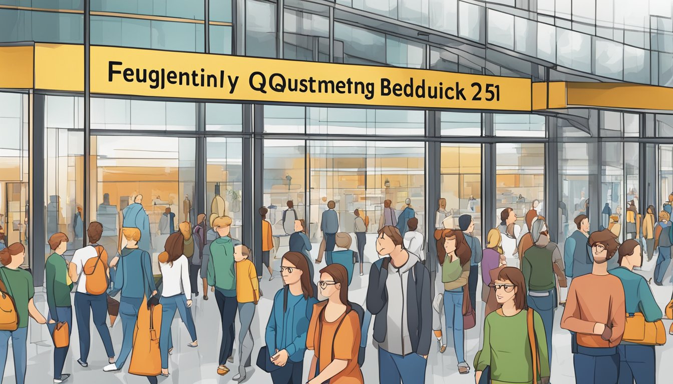 A sign with "Frequently Asked Questions 251 Bedeutung" displayed prominently in a busy public area