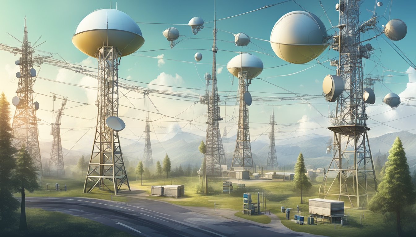 A network of communication towers and satellite dishes, with regulatory documents and symbols in the background