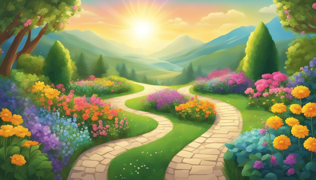 A vibrant garden with blooming flowers and winding paths, leading towards a radiant sun symbolizing the journey towards life goals and personal growth