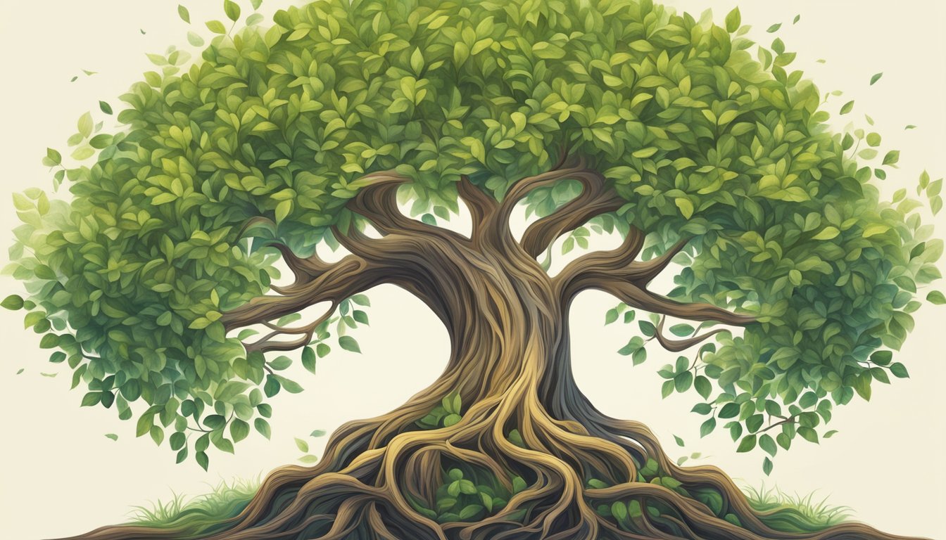 A flourishing tree symbolizing personal growth, surrounded by intertwined roots representing meaningful relationships