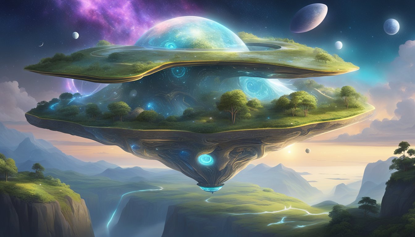 A glowing, celestial 348 hovers above a tranquil landscape, surrounded by symbols of growth and abundance
