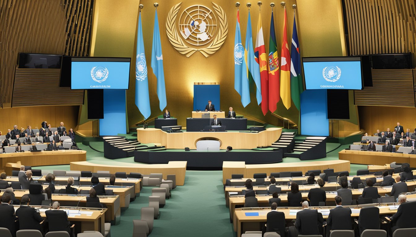A podium with the UN General Assembly logo, surrounded by flags of member countries, with delegates seated in a large hall