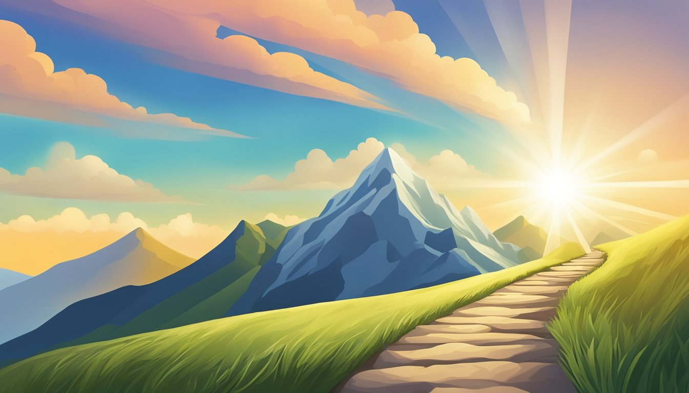 A winding path leading to a mountain peak, with a clear sky and a bright sun shining down, symbolizing personal growth and intuition