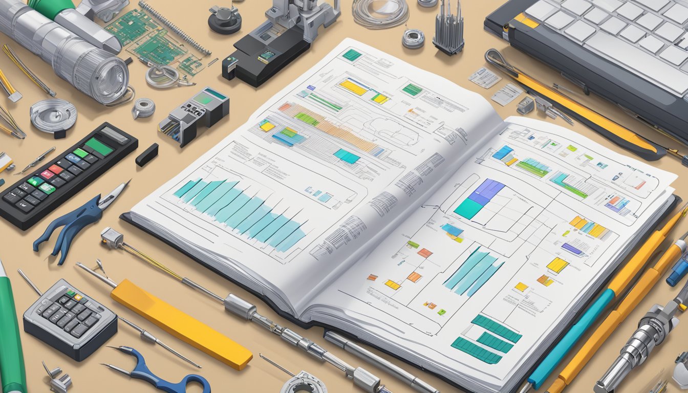 A technical manual open on a desk, with diagrams and text, surrounded by electronic components and tools