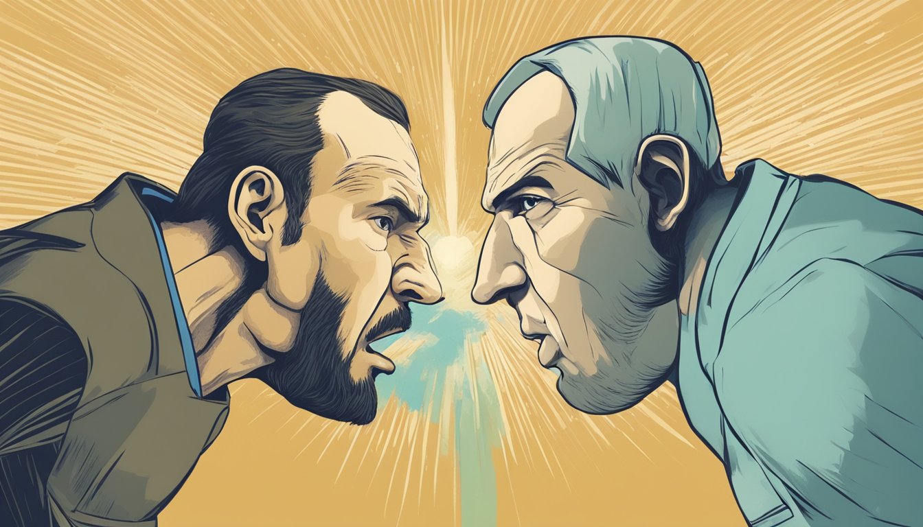 Two opposing forces stand face to face, with tension in the air.</p><p>A mediator gestures towards a peaceful resolution, symbolizing the importance of conflict resolution