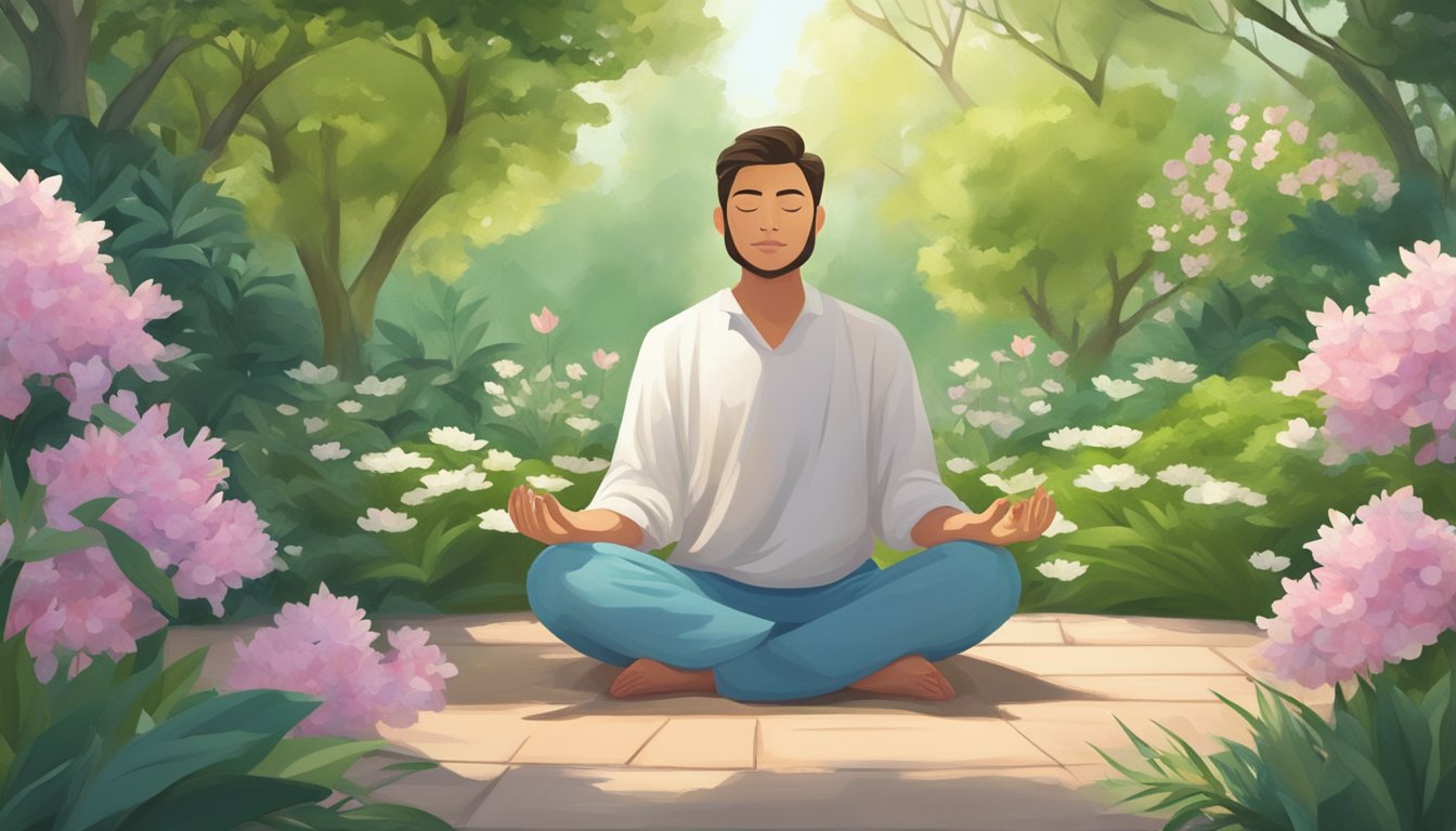 A person meditating in a peaceful garden, surrounded by blooming flowers and lush greenery, with a sense of tranquility and inner harmony