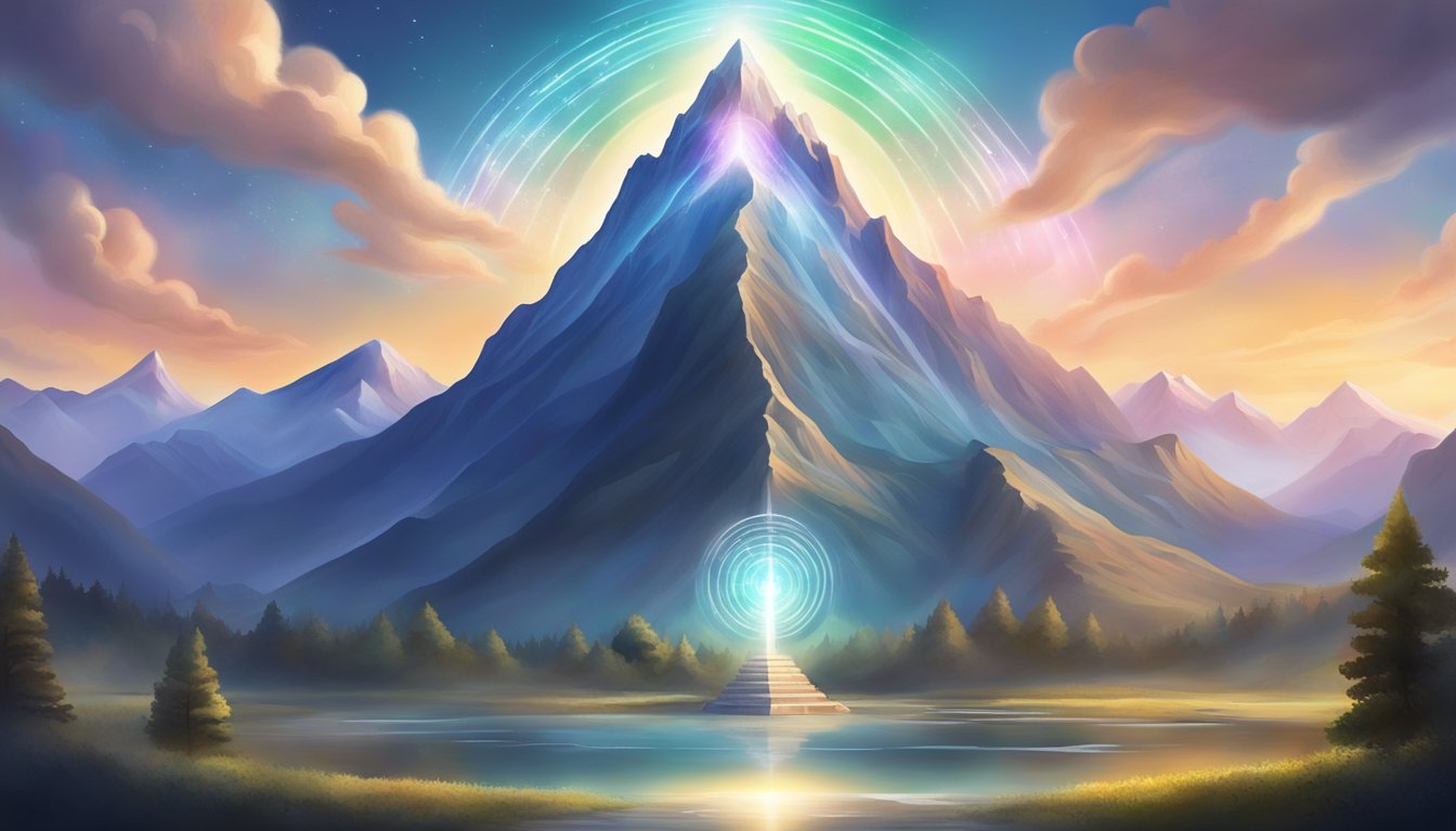 A serene mountain peak with a glowing aura, surrounded by symbols of spirituality and significance