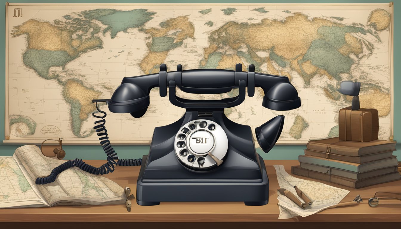 A vintage telephone with the number 518 displayed prominently, surrounded by maps and geographical tools
