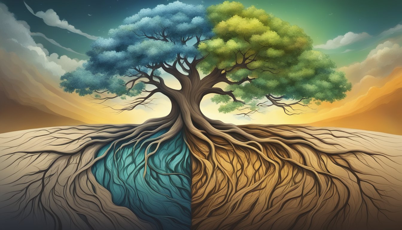 A tree with roots reaching deep into the earth, surrounded by swirling winds and changing seasons, symbolizing the various aspects and influences of life