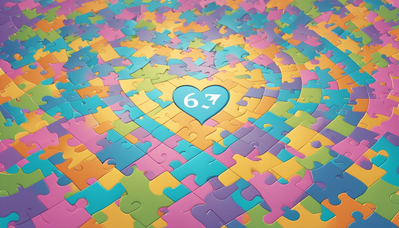 A heart-shaped puzzle with "637 in Relationships and Love" written on it, surrounded by scattered puzzle pieces