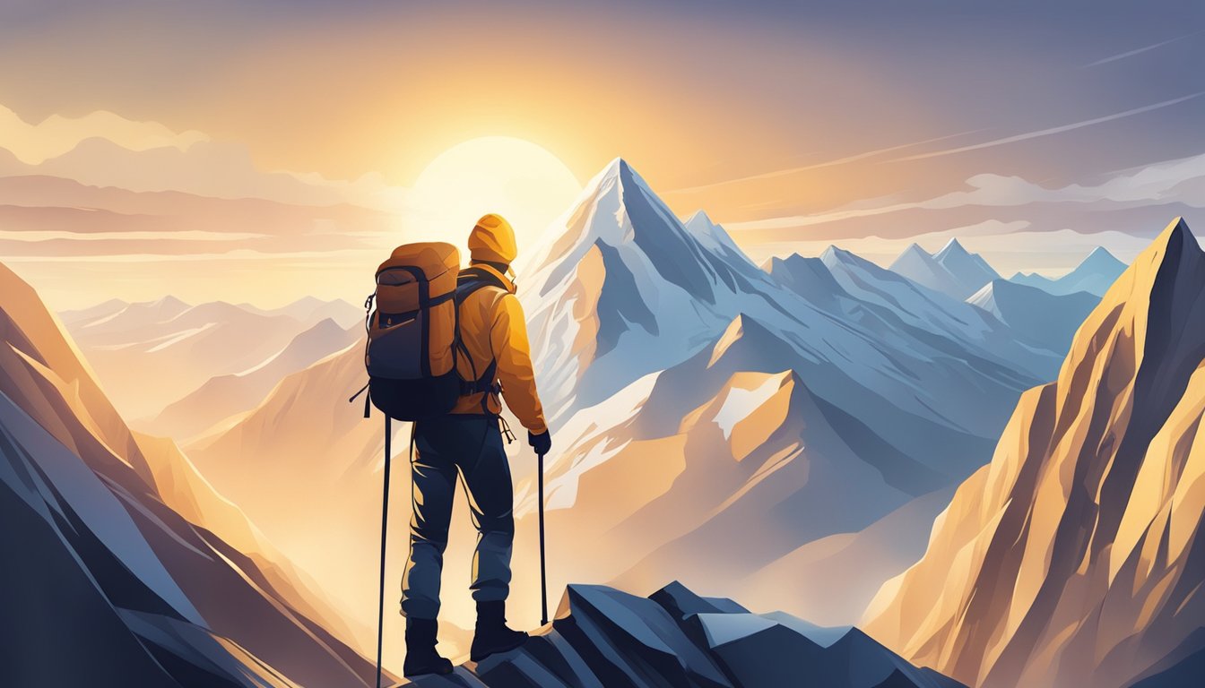 A mountain climber reaching the summit, overcoming challenges.</p><p>The sun is rising, symbolizing the triumph and significance of the achievement
