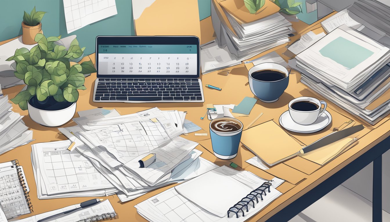 A cluttered desk with scattered papers, a computer, and a coffee cup.</p><p>A calendar on the wall marks the date