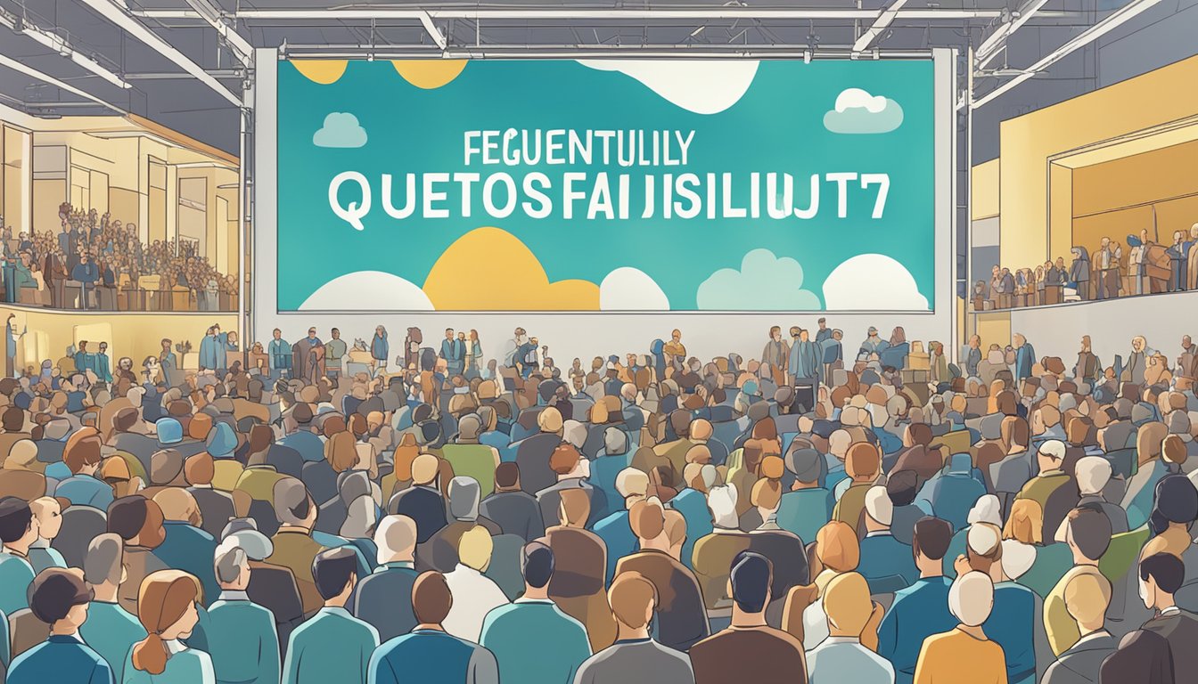 A large sign reading "Frequently Asked Questions 753 Bedeutung" stands in front of a bustling crowd