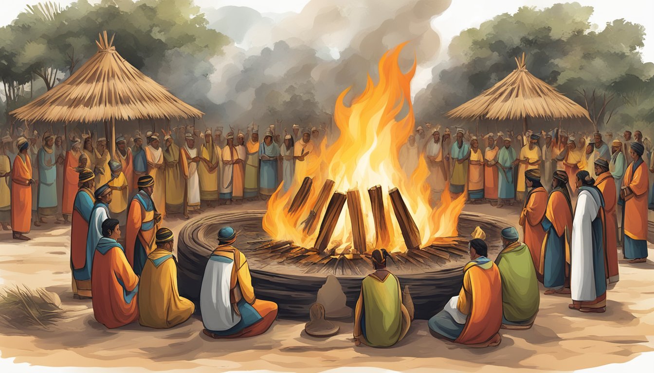 A traditional ritual fire burning brightly with symbolic and cultural significance